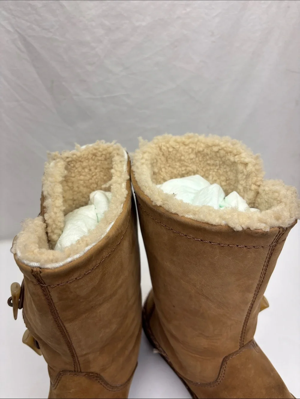 UGG leather Chestnut Suede Shearling-Lined Mid Calf Boots, Sz 7, box 34